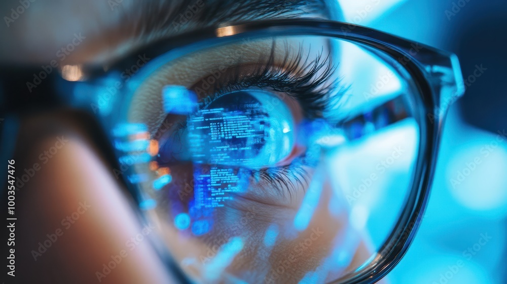 Poster close up eye with glasses, coding reflective glasses, programmer use ai to help with work in office
