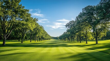Fototapeta premium Idyllic golf course landscape featuring a long fairway, lined with trees and green grass, under a bright blue sky.