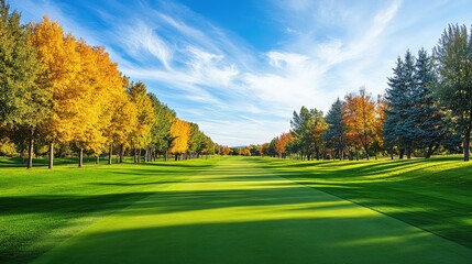 Fototapeta premium Idyllic golf course landscape featuring a long fairway, lined with trees and green grass, under a bright blue sky.