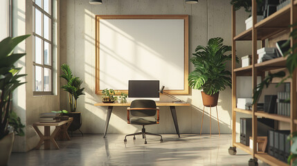 Fototapeta premium a blank white poster in modern office workspace for mockup, empty poster mockup advertisement branding 
