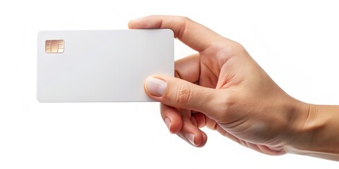 Hand-holding blank credit card mockup isolated on a white background. This transparent PNG image is ideal for
