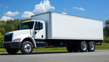 White heavy truck with blank trailer mockup on highway