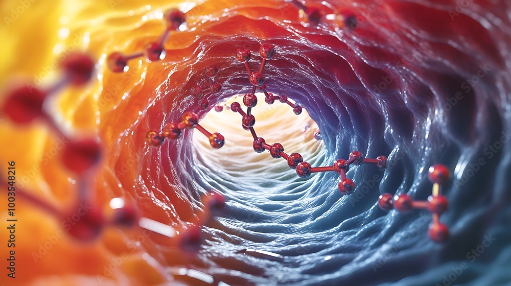 Poster a microscopic view of red blood cells flowing through an artery with red molecules.