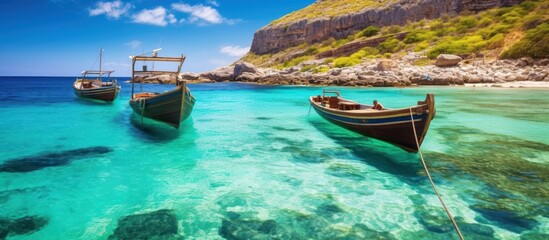 Obraz premium Tropical Paradise with Boats Anchored in Clear Blue Waters