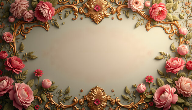 Ornate floral frame with pink roses and golden accents on elegant background and copy space