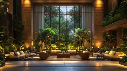 Fototapeta premium Luxurious interior of a Bali hotel lobby with modern furnishings, lush greenery, and soft lighting, creating a cool and joyful ambiance on a bright April day