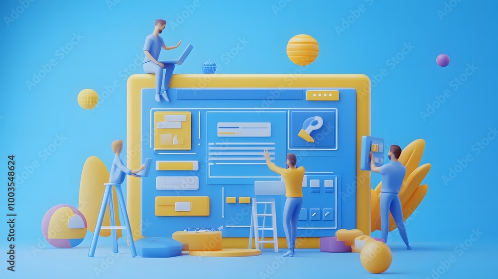 Fototapete web ui ux design teamwork concept 3d illustration. team people building creating website user interf