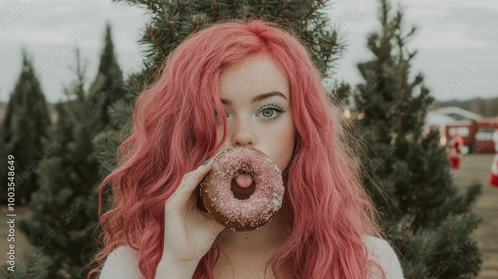 Sticker A woman with red hair eating a doughnut