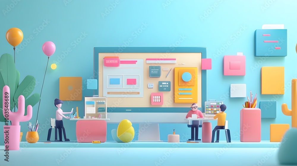 Fototapete web ui ux design teamwork concept 3d illustration. team people building creating website user interf