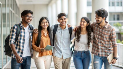 Obraz premium Education is Fun: Joyful Indian/Asian Young Students Enjoying Togetherness on College Campus
