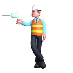 Professional Architect Character in 3D. An Architect stands with his legs crossed and holds a drill in his right hand. Male