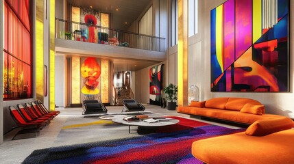 Luxurious open-concept living room with modern furniture, vibrant colors, and digital artwork on the walls, 3D render