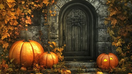 Obraz premium Luxurious pumpkins in a charming Halloween setting, ideal for premium event backgrounds, high-quality banners, posters, and seasonal greeting cards.