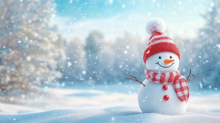 Obraz premium Cute Snowman with snow, background image of winter landscape with copyspace