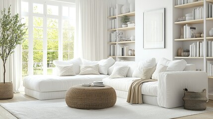 Luxurious white couch in a bright, airy living room with open shelving, tasteful decor, and floor-to-ceiling drapes