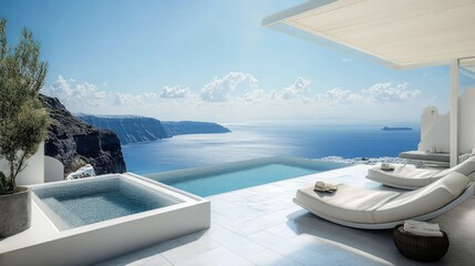 Luxurious white terrace with a private pool, offering breathtaking views of SantoriniAEs cliffs and the surrounding sea