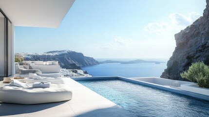 Obraz premium Luxurious white terrace with a private pool, offering breathtaking views of SantoriniAEs cliffs and the surrounding sea