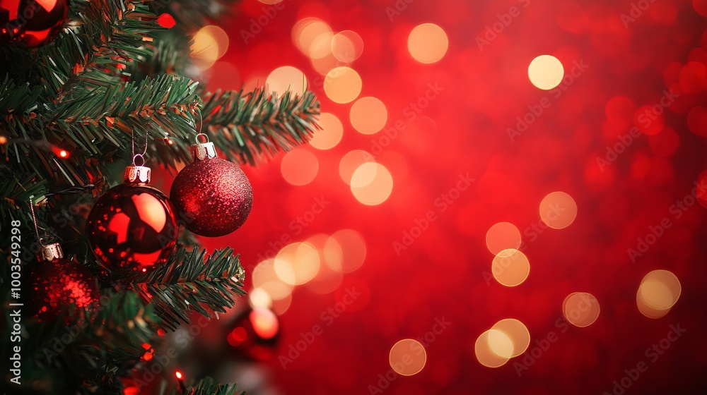 Wall mural festive christmas tree decorated with ornaments and glowing bokeh lights on a vibrant red background