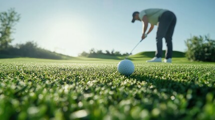 Man putting a golf ball on a green course, aiming for the hole with precision, surrounded by vibrant grass and clear skies.