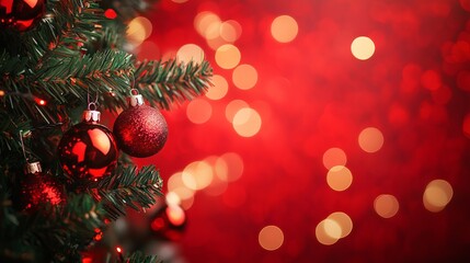 Festive christmas tree decorated with ornaments and glowing bokeh lights on a vibrant red background