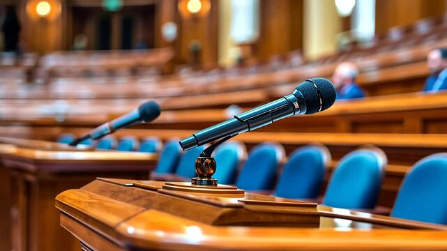 Microphones Ready for Debate in the Legislative Chamber During Session Generative AI