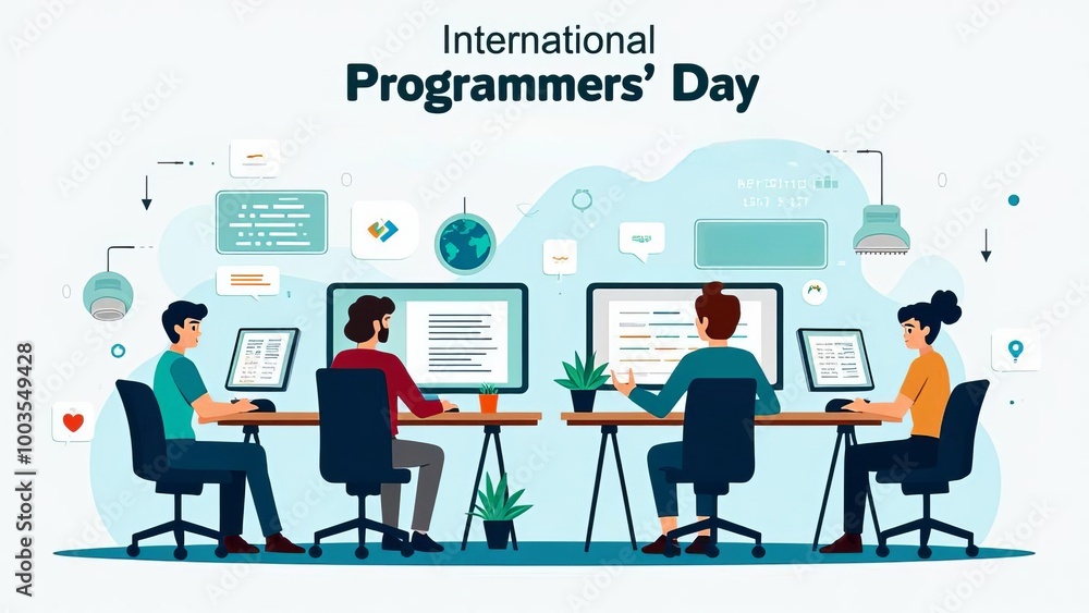 Aufkleber international programmers' day: vector illustration of diverse team collaborating on software develo