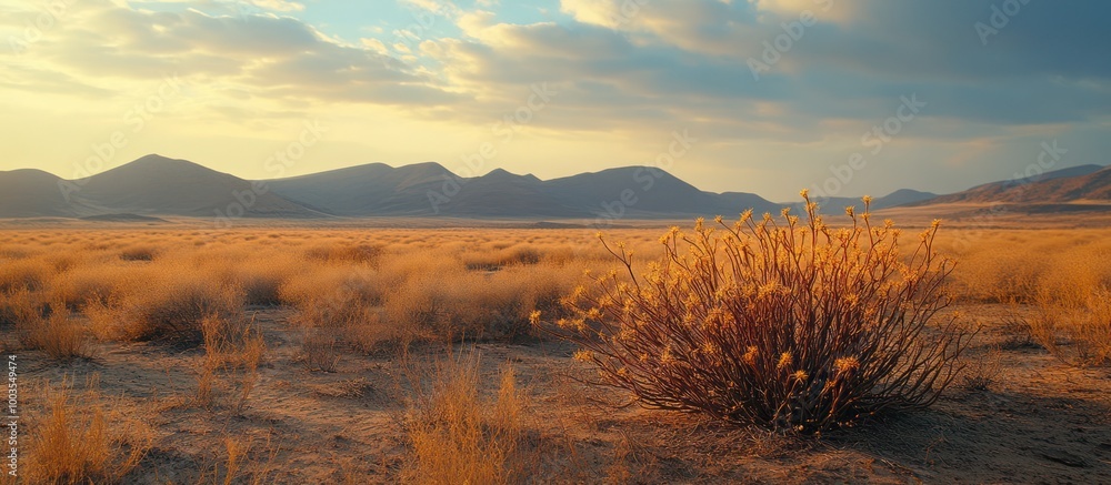 Poster A single bush stands out in a vast desert landscape, with mountains in the background and a soft, golden light filtering through the clouds.