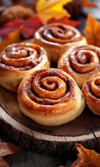 Fototapeta premium Close-up Cinnamon Rolls on Wooden Board with Fall Leaves