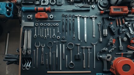 A flat lay of various tools and equipment on a dark blue surface.