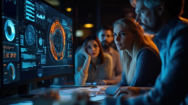 Diverse team collaborating in a productive office meeting with data visualizations to work on a project together. AIG53M - Powered by Adobe