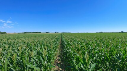 Panoramic view of a lush green corn field plantation stretching toward the horizon under a bright blue sky, showing the growth of the crops.
