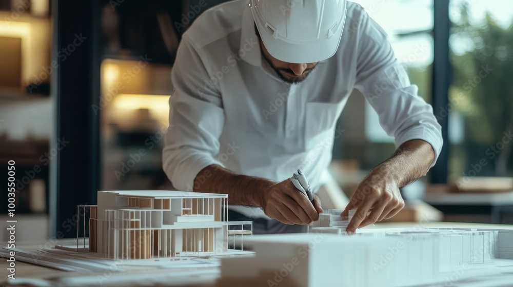 Aufkleber engineer work on table with architecture model and white helmet