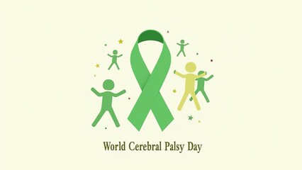 World Cerebral Palsy Day: Green Ribbon Awareness with Active Figures Symbolizing Support, Inclusion, and Empowerment for Neurological Disorder Community