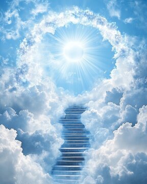 Stairway to heaven with clouds and shining sun.