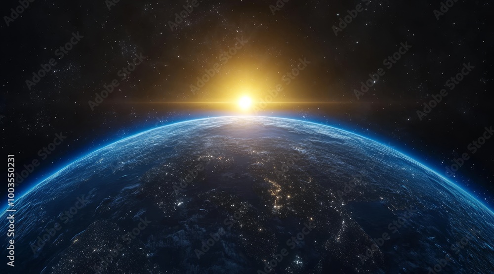 Wall mural a stunning view of the earth from space, with the sun rising over the horizon and illuminating the p