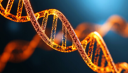 Close-up of a vibrant DNA double helix structure, showcasing intricate details and glowing elements against a soft blue background.