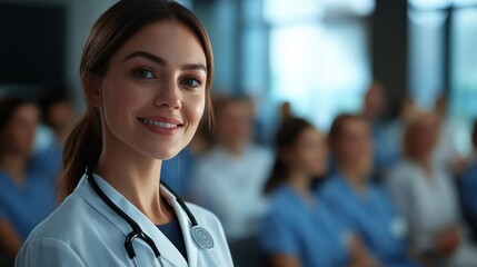 Fototapeta premium female woman doctor nurse portrait shot smiling cheerful confident standing front row in medical training class or seminar room background,ai generate