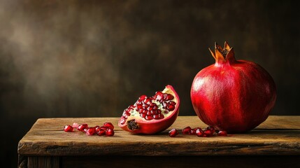 Rustic wooden table with a whole pomegranate and a half pomegranate, spilling seeds onto the surface, creating a natural still life scene.