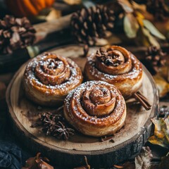 Fototapeta premium Cinnamon Rolls with Pinecones and Fall Leaves on Rustic Wooden Surface