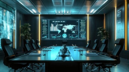 A futuristic conference room with a large screen displaying data and a world map.