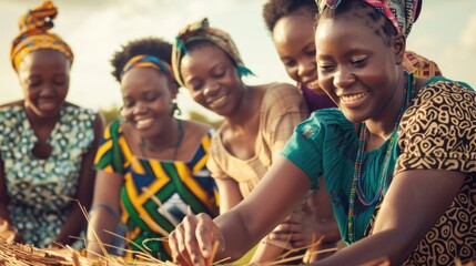Joyful African Women Gathering in Traditional Wear Under Sunlight