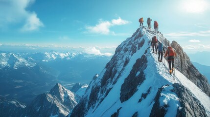 Group of team people helping work on peak mountain climbing teamwork , travel trekking winner success business concept