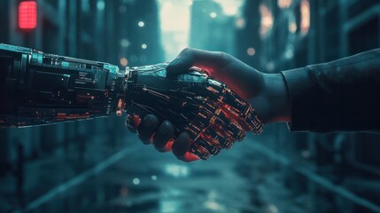 Handshake in digital futuristic style. The concept of partnership
