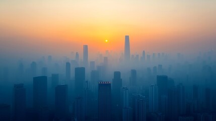 Fototapeta premium City skyline at sunrise with misty atmosphere and tall buildings.