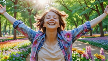 Mujer sonriente, con los brazos extendidos, tiene calidad de vida y plenitud. Simboliza el amor, calidez y triunfo de la mujer actual. 