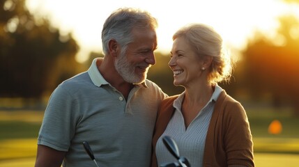 Happy senior couple on a golf course, dressed in casual sportswear, sharing a joyful moment while holding golf clubs.