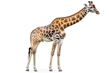 Naklejka premium A giraffe stands on a white background, looking to the right.