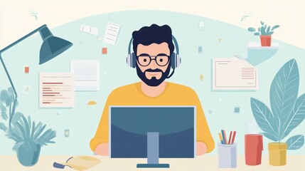 Wearing a headset and working at a computer, young man working in customer service.