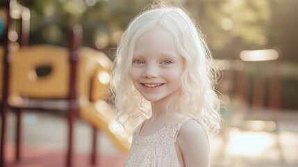 Joyful Young Albino Girl Smiling in Sunlit Playground Portrait for Diversity Inclusion Design