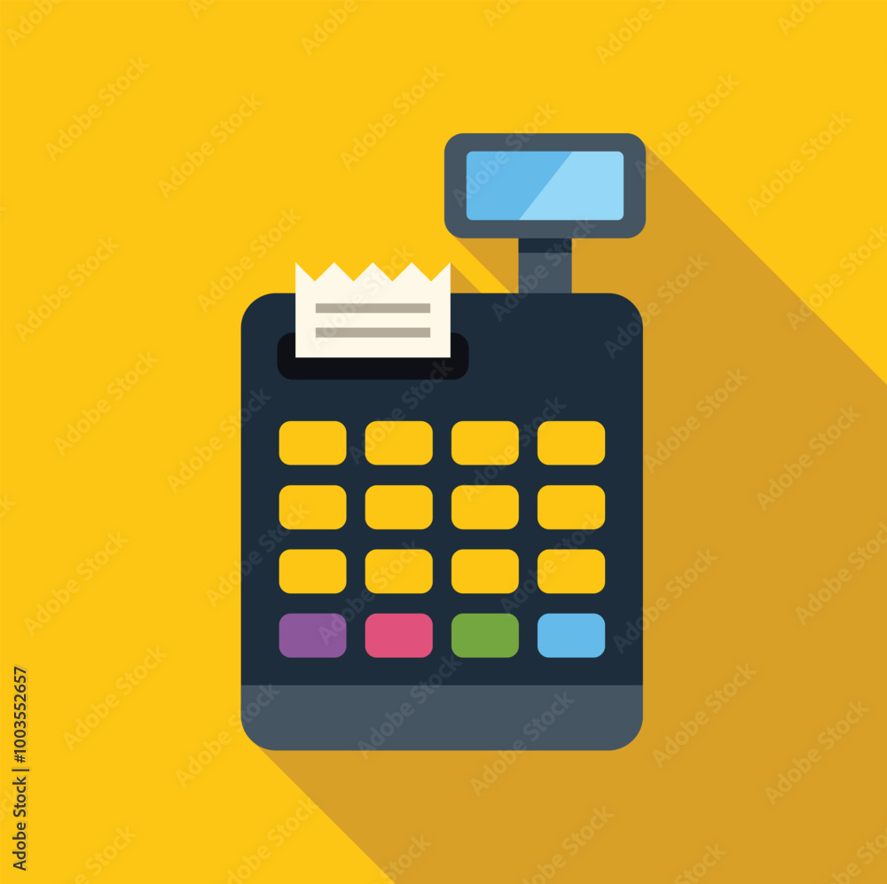 Poster electronic cash register with buttons and display printing a receipt on yellow background